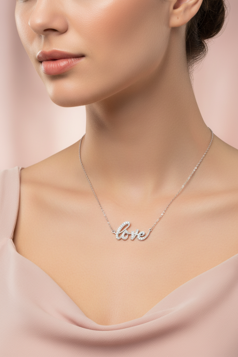 Close-up of a woman wearing a silver love pendant necklace with small stones on a pink background