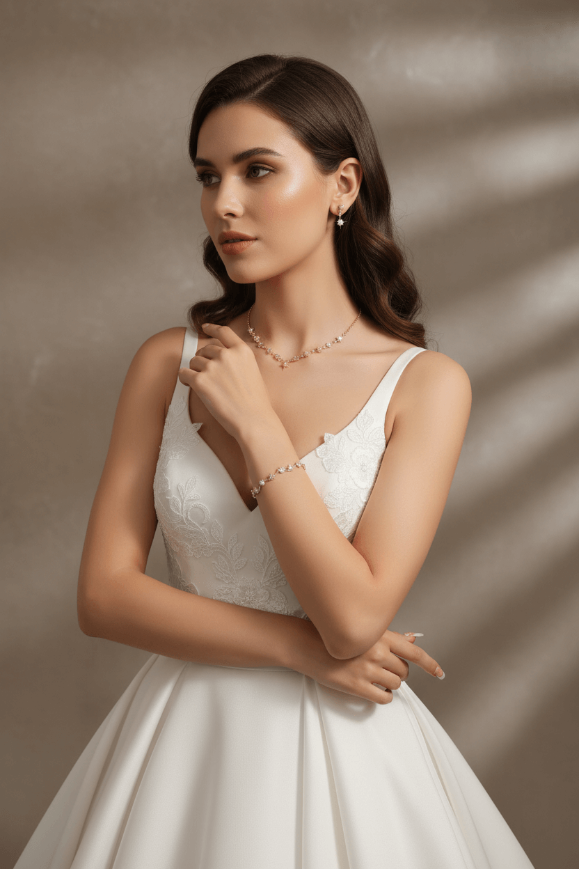 Bridal portrait of a woman in a white lace wedding dress wearing elegant gold necklace, earrings, and bracelet