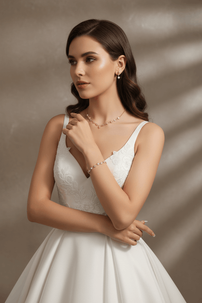 Bridal portrait of a woman in a white lace wedding dress wearing elegant gold necklace, earrings, and bracelet