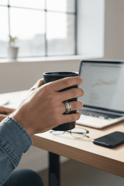 Close-up of a hand wearing a stylish men's ring holding a black coffee cup at a desk with laptop and glasses