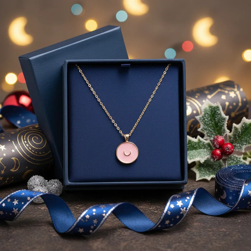 Gold moon pendant necklace with pink enamel in a navy blue gift box, holiday decor background