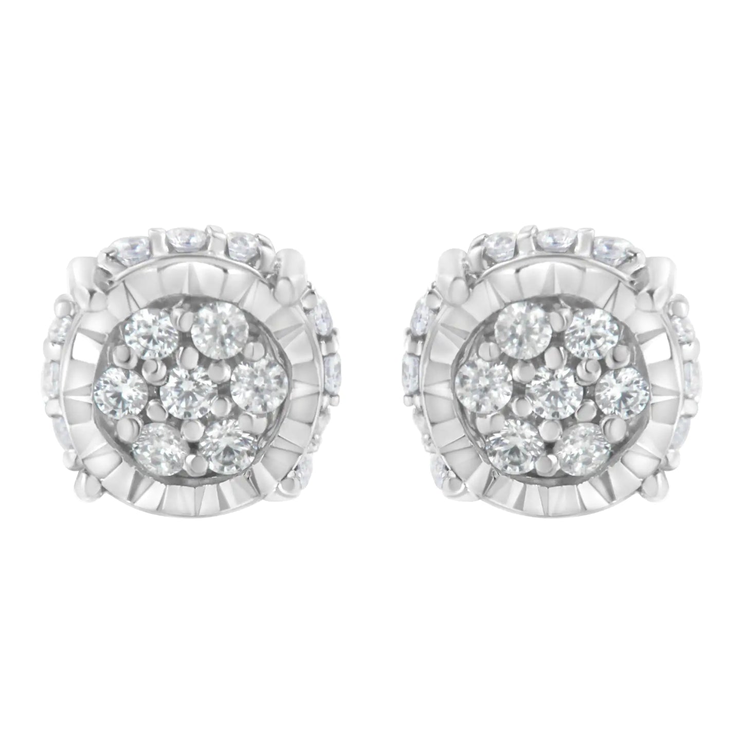 Pair of round white gold stud earrings with cluster of sparkling diamonds