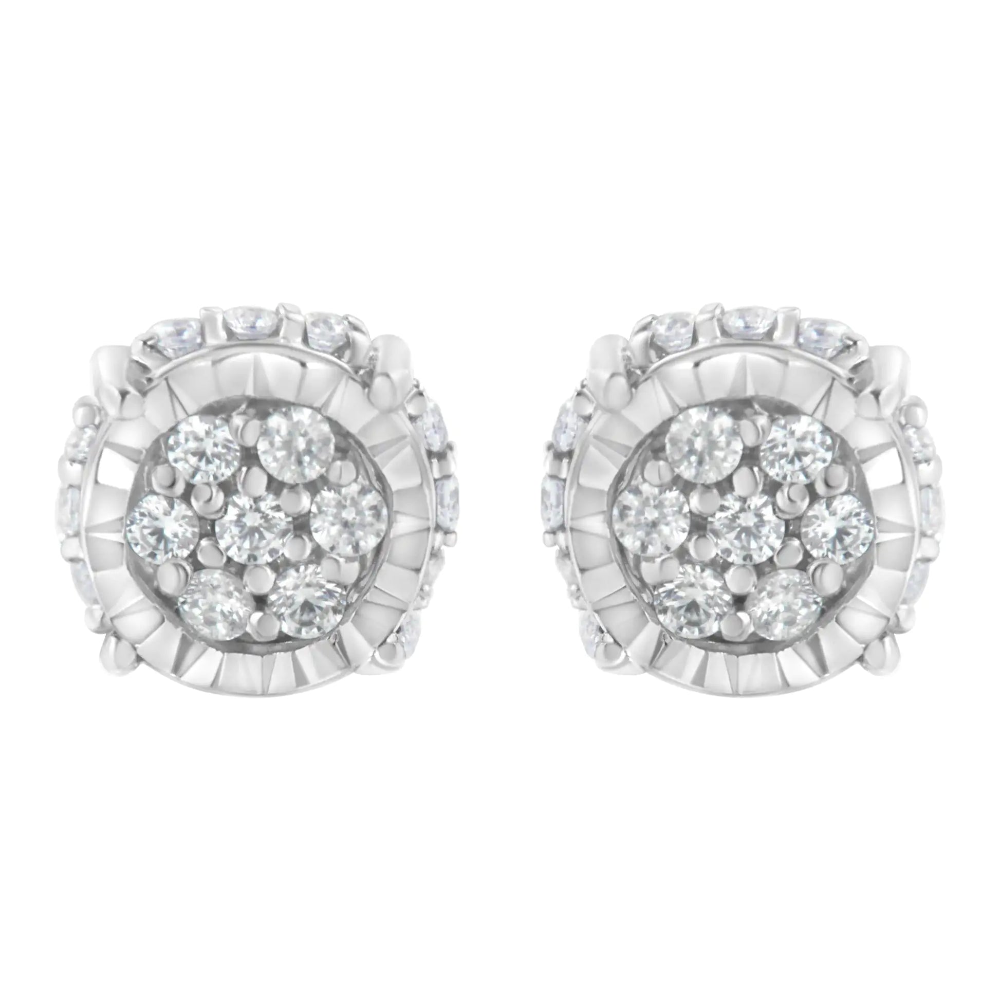 Pair of round white gold stud earrings with cluster of sparkling diamonds