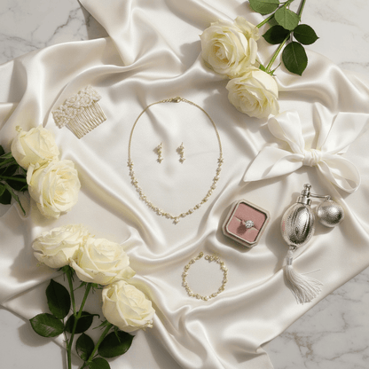Premium bridal jewelry set with gold necklace, earrings, bracelet, diamond ring in velvet box, pearl hair comb and white roses on satin