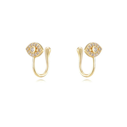 Gold open hoop earrings with eye-shaped design and clear gemstone accents from Azure Jewelry