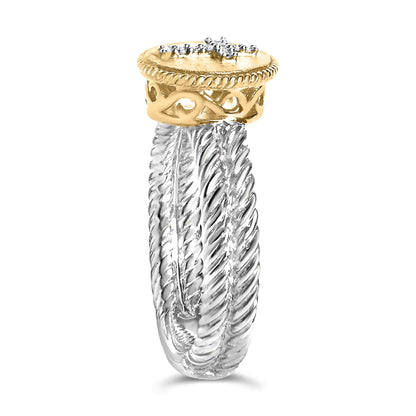 Silver twisted rope ring with gold circular top featuring a diamond cross design