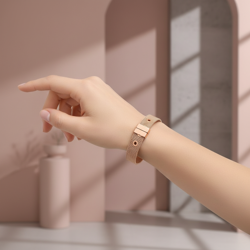 Rose gold mesh bracelet on wrist with blush pink background and modern decor