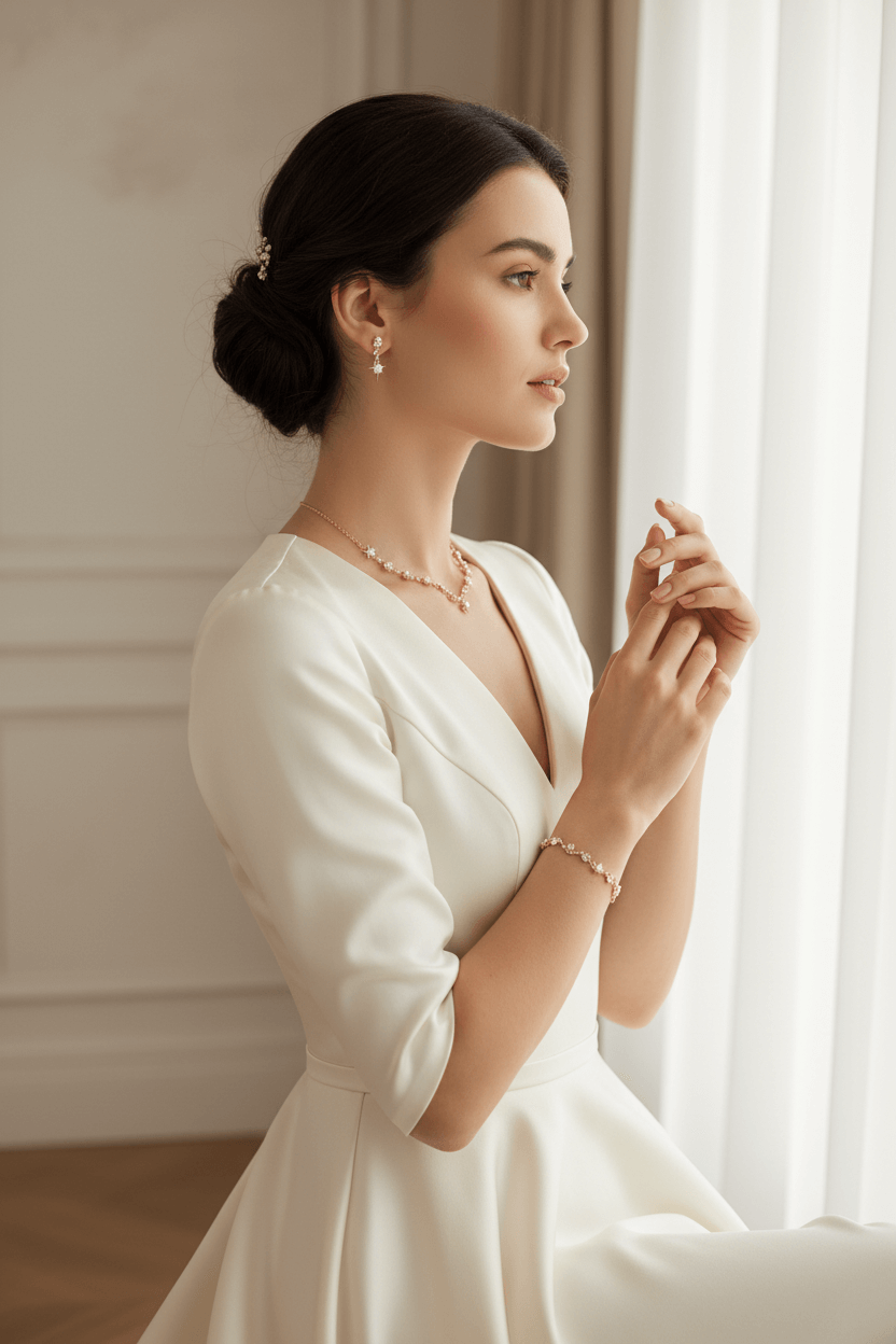 Elegant woman in a white dress wearing premium bridal pearl jewelry by a window