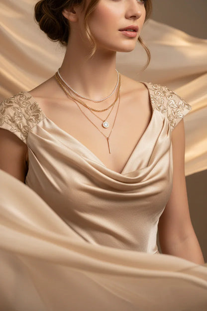 Elegant woman wearing layered gold and pearl necklaces with beige embroidered satin dress