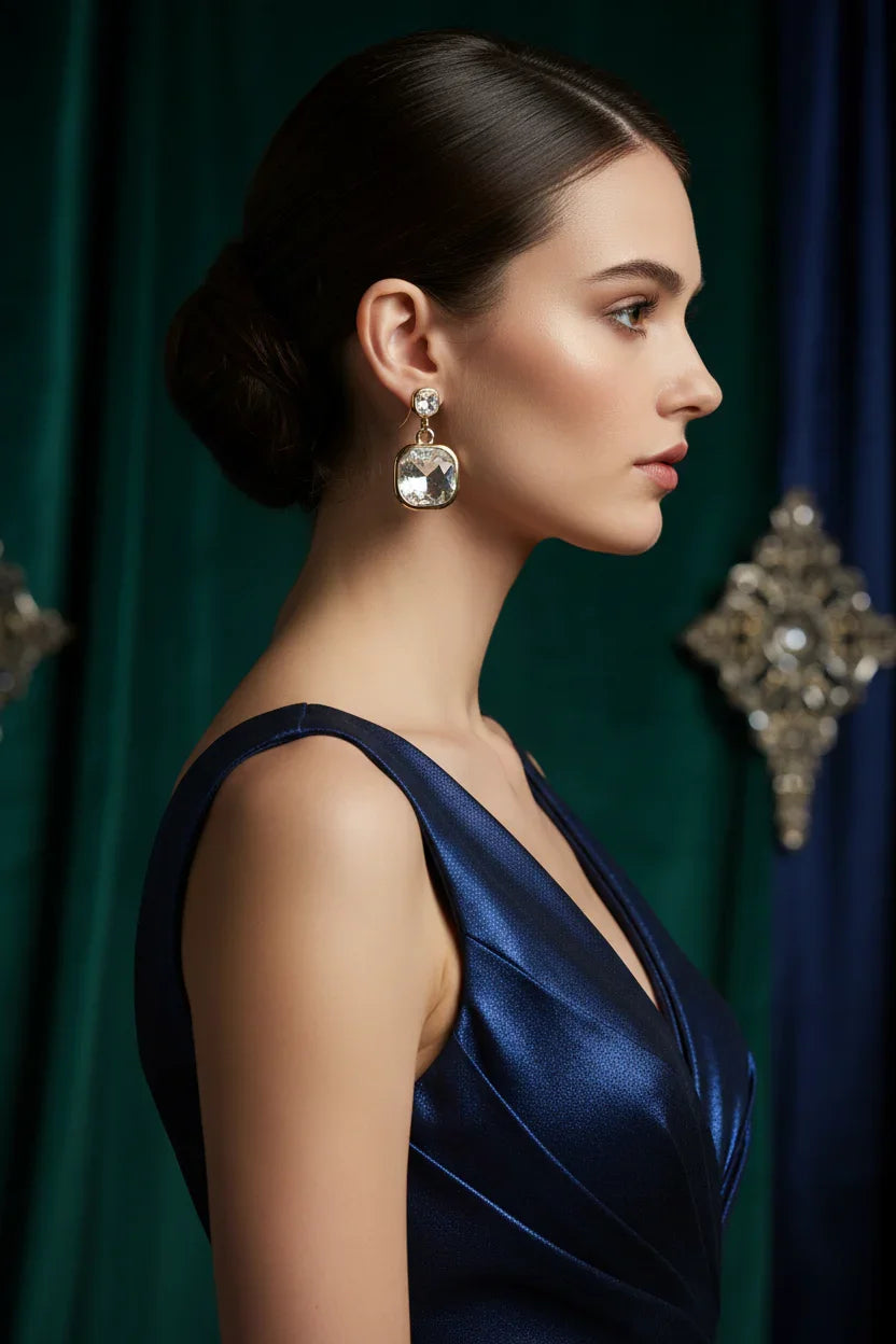 Side profile of woman with sleek bun wearing square crystal drop earrings and elegant navy blue dress