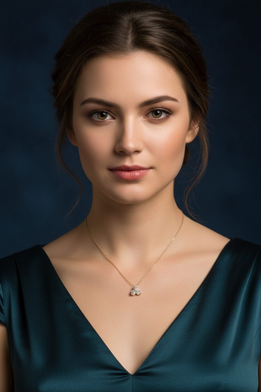 Elegant woman wearing a three-stone diamond pendant necklace on gold chain with navy satin dress