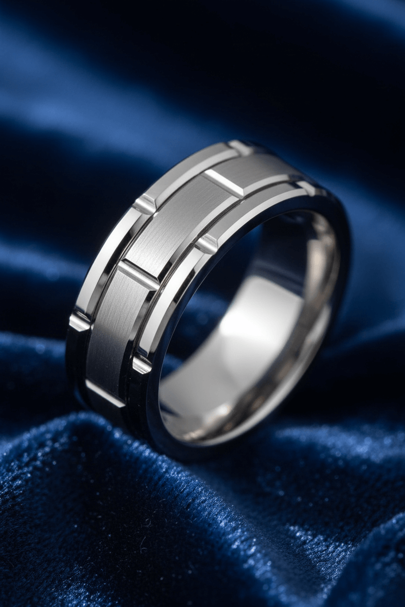 8mm tungsten band with metallic finish and precise craftsmanship on blue velvet