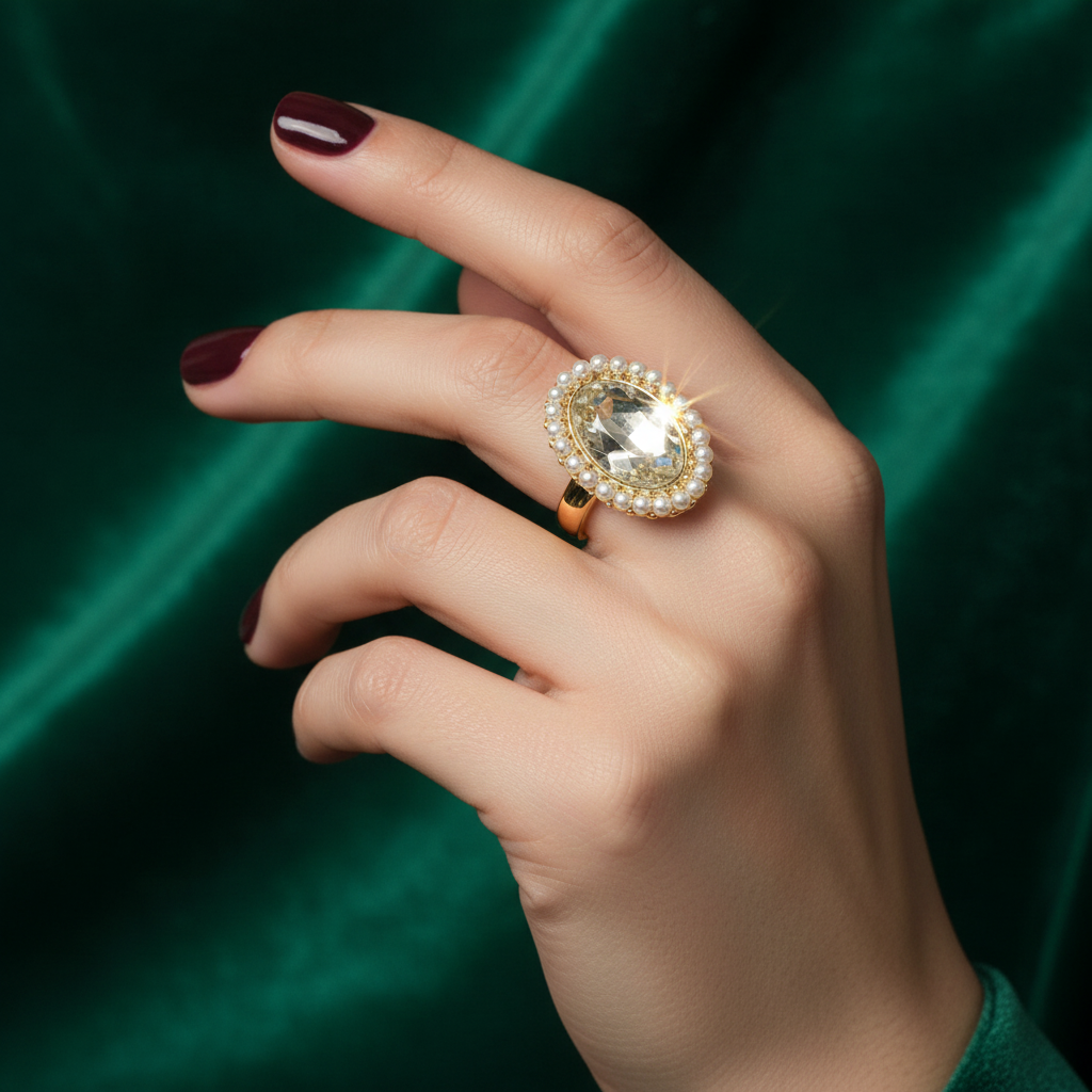 Hand with dark red nails wearing a vintage gold cocktail ring with a large oval crystal surrounded by pearls on green velvet background