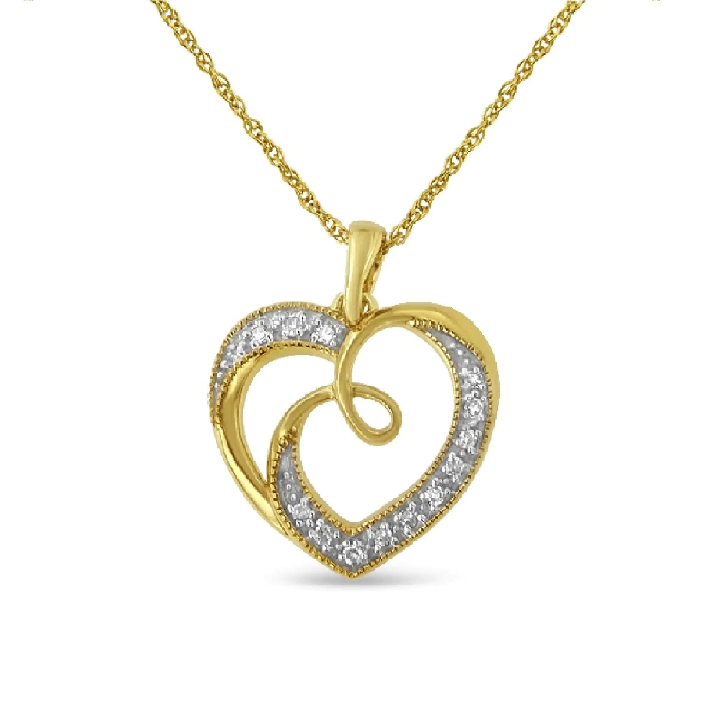 Gold heart-shaped pendant necklace with swirling design and diamond accents on white background