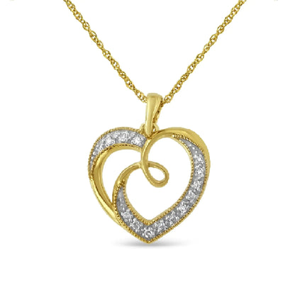 Gold heart-shaped pendant necklace with swirling design and diamond accents on white background