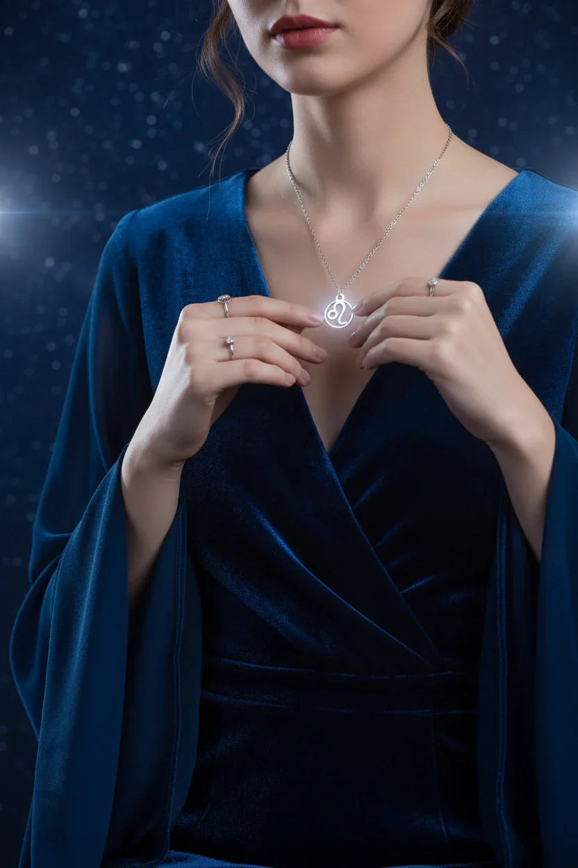 Woman in blue velvet dress wearing a glowing zodiac Leo symbol necklace and diamond rings in celestial setting